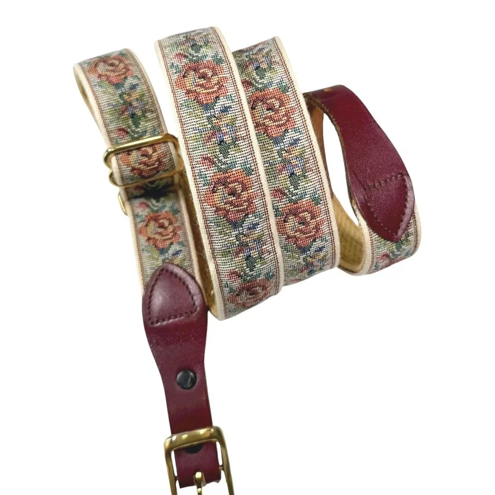 Fabric Burgundy Floral Tapestry Leather Trim Belt Cottagecore Rose Bohemian